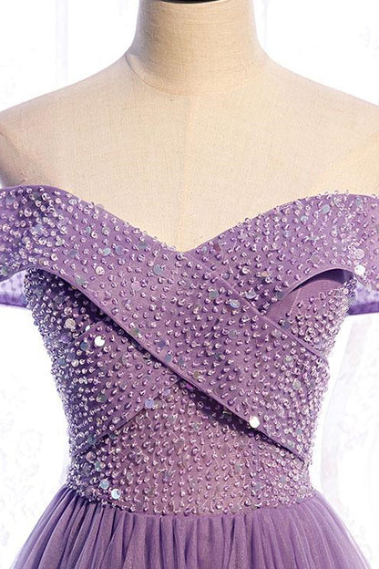 Edgynewlook Purple Sequins Prom Dress With Off-The-Shoulder Sweetheart