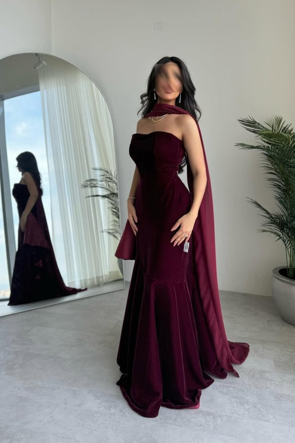 edgynewlook Burgundy Strapless Velvet Long Prom Dress Sleeveless