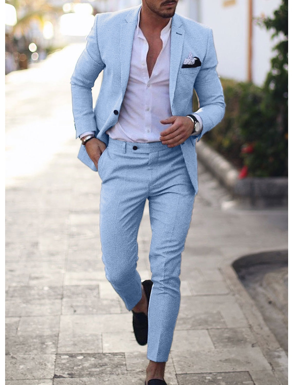 Men's Tailored Fit Single Breasted Two-buttons 2 Pieces Solid Colored Linen Suits