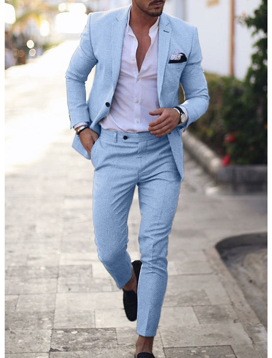 Men's Tailored Fit Single Breasted Two-buttons 2 Pieces Solid Colored Linen Suits