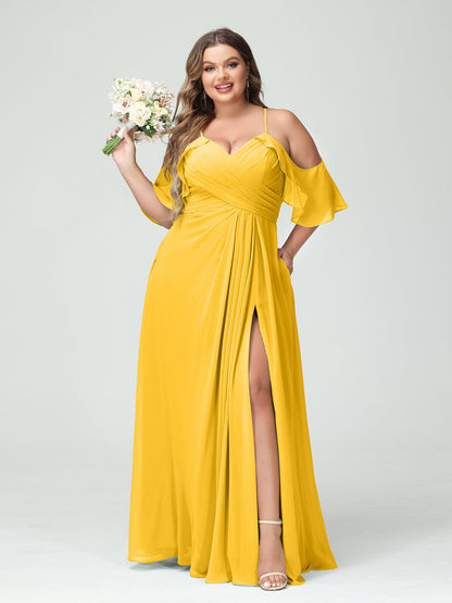 A-Line/Princess/Princess Spaghetti Straps Short Sleeves Chiffon Plus Size Bridesmaid Dresses with Pockets,Ruched Split Side