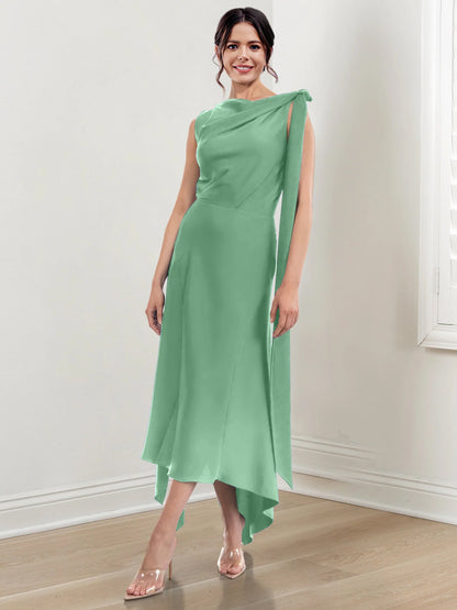 Sheath/Column Jewel Neck Tea-Length Asymmetrical Mother of the Bride Dresses with Ruched