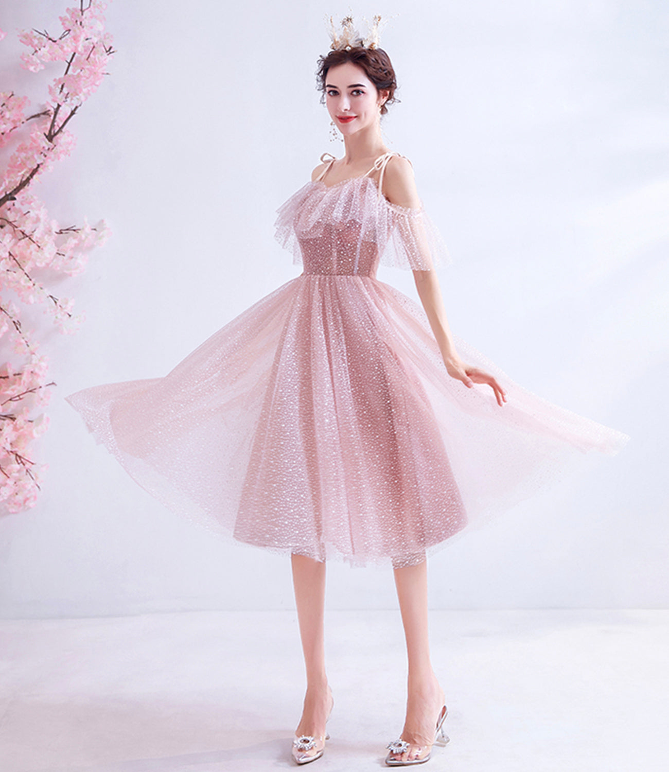 Pink tulle short A line prom dress homecoming dress  8729