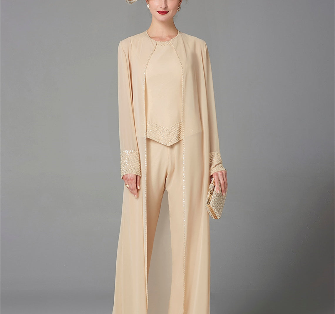 Chiffon Long Sleeves Mother of the Bride Pantsuits with Jacket & Sequins