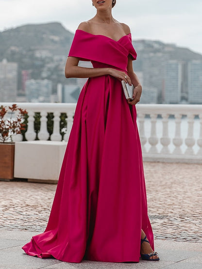 A-Line/Princess Off-the-shoulder Short Sleeves Floor Length Evening Dress