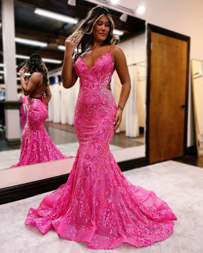 Pink Sequins Prom Dress Mermaid Sleeveless Backless Spaghetti Straps YH0010