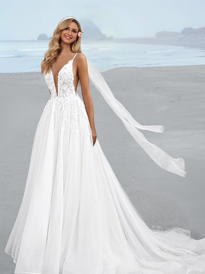 A-Line/Princess Spaghetti Straps Floor-Length Wedding Dress