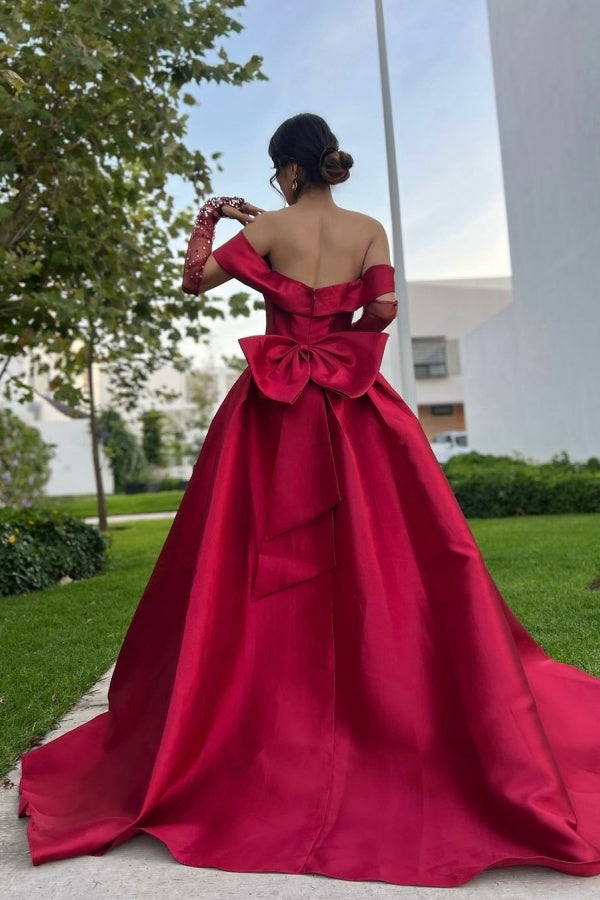 edgynewlook Burgundy Off-the-Shoulder A-Line Prom Dress Long Slit with Beaded Gloves