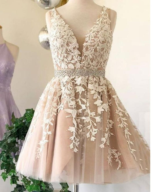 LTP0500,Champagne applique beaded homecoming dresses v-neck pearl beaded sleeveless prom dresses