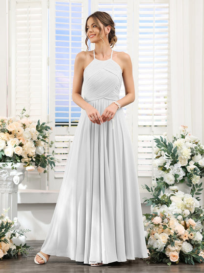 A-Line/Princess Halter Sleeveless Floor-Length Chiffon Bridesmaid Dresses with Ruched