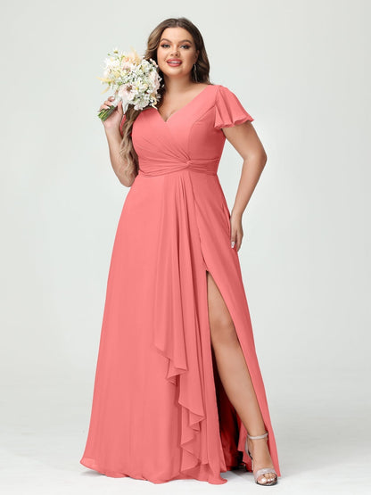 A-Line/Princess V-Neck Short Sleeves Chiffon Ruffles Split Side Plus Size Bridesmaid Dresses with Pockets