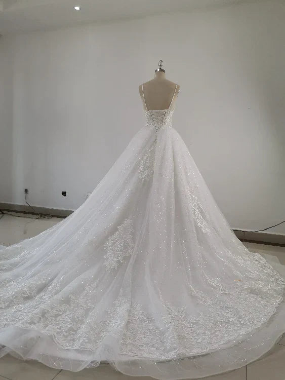 Beautiful Handmade Straps Lace Tulle Wedding Dress, Long Bridal Gown  gh435