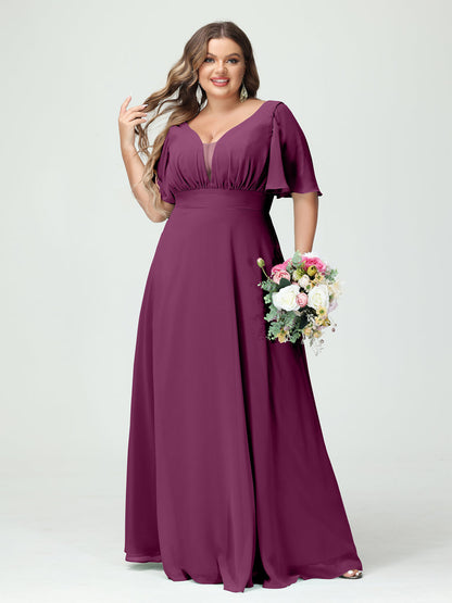 A-Line/Princess V-Neck Half Sleeves Chiffon Plus Size Bridesmaid Dresses with Pockets