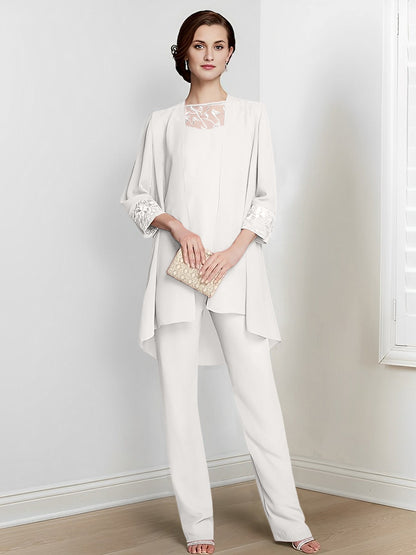 Chiffon Square Neck Long Sleeves Floor-Length Mother Of The Bride Pantsuits With Jacket