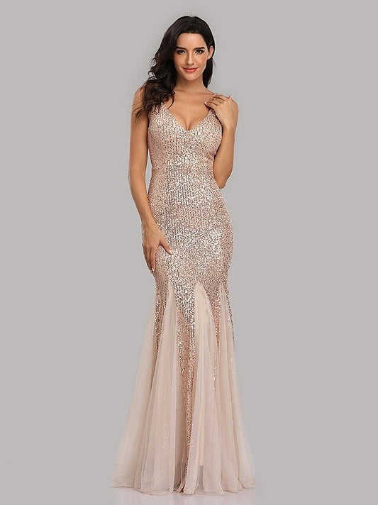 Mermaid/Trumpet V-Neck Sleeveless Floor-Length Party Cocktail Dress with Sequins