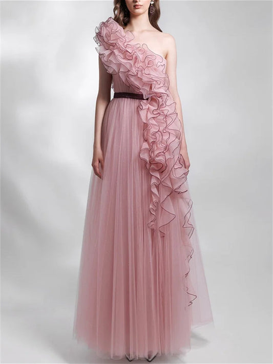 A-Line/Princess Sleeveless One Shoulder Ruffled Mesh Evening Dresses