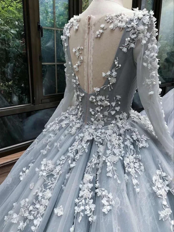 Romantic light grey long sleeve floral long lace applique wedding dress prom dress evening gown gh2092