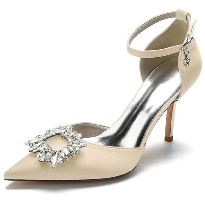 Women's Wedding Shoes Pointed Toe Buckle Bridal Shoes with Square Rhinestones