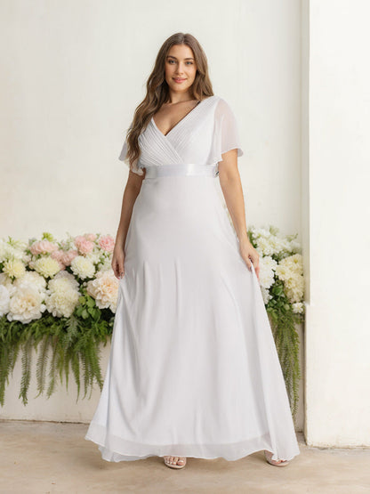 A Line/Princess Deep V-Neck Short Sleeves Floor-Length Plus Size Bridesmaid Dresses with Ruffles