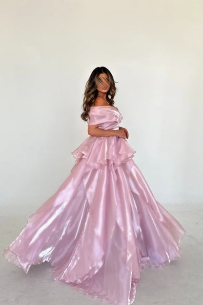 Pink Off-The-Shoulder Mesh Pleated Prom Dress ZT0478