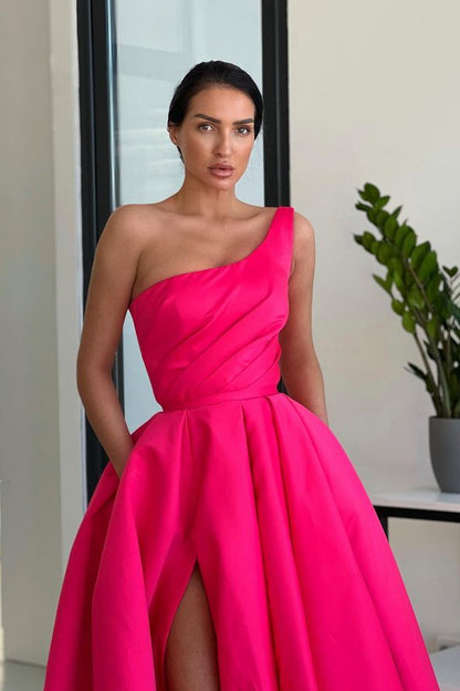 Rose One Shoulder Ball Gown Prom Dress With High Slit ED0634