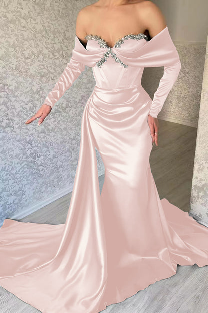 Elegant Sweetheart Portrait Long Sleeves Mermaid Prom Dress With Rhinstone Ruffles ED0396