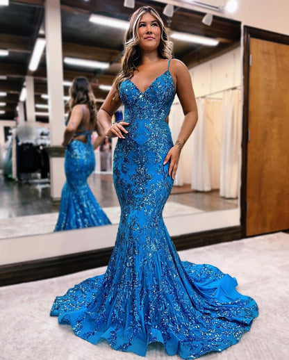 Blue Sequins Applique Prom Dress Mermaid Sleeveless Spaghetti Straps YH0009