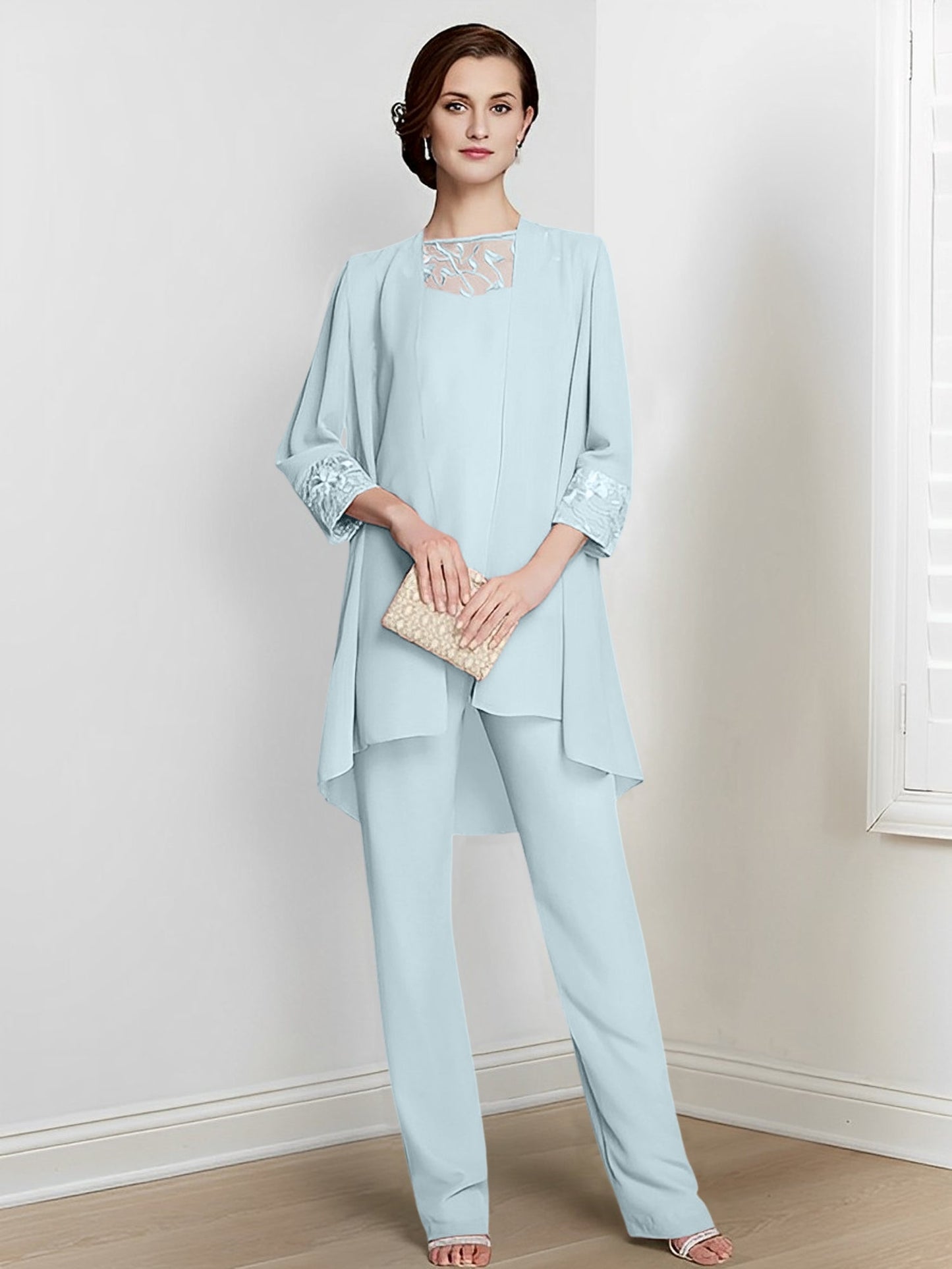 Chiffon Square Neck Long Sleeves Floor-Length Mother Of The Bride Pantsuits With Jacket