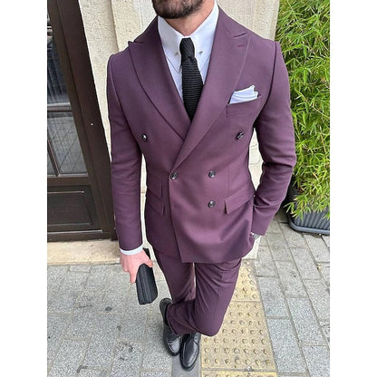 Men's Tailored Fit Double Breasted Six-buttons 2 Pieces Solid Colored Wedding Suits