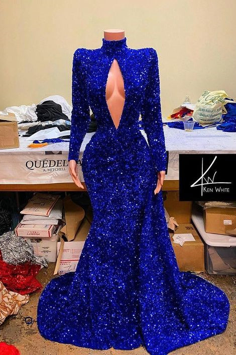 Royal Blue High Neck Long Sleeves Mermaid Prom Dress With Sequins PD0701