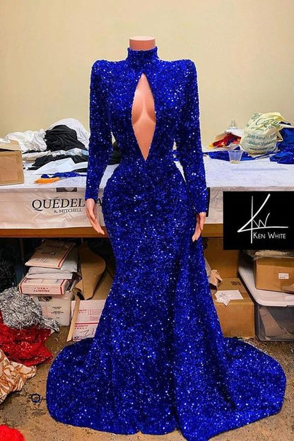 Royal Blue High Neck Long Sleeves Mermaid Prom Dress With Sequins PD0701