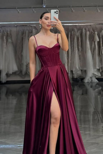 edgynewlook Chic Burgundy Satin Sleeveless Spaghtti Strap Sweetheart Prom Dress with Split