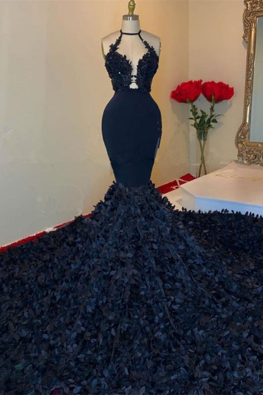 Dark Navy Halter V-Neck Mermaid Prom Dress With Applique PD0797