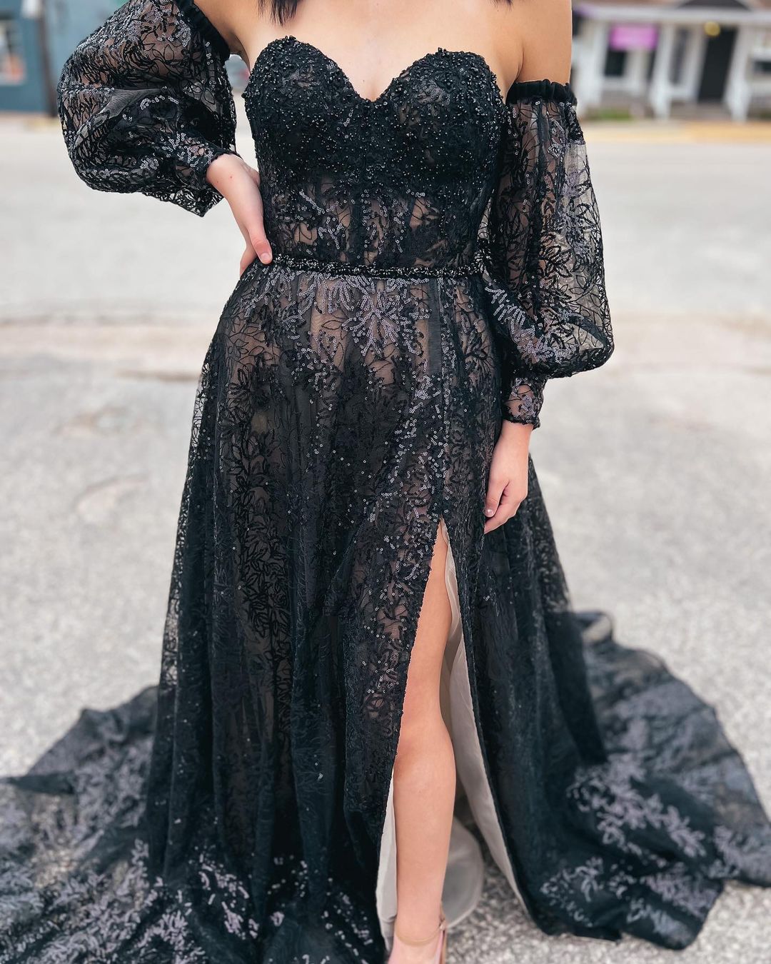 Trina | Cute A Line Sweetheart Black Sequins Long Prom Dresses