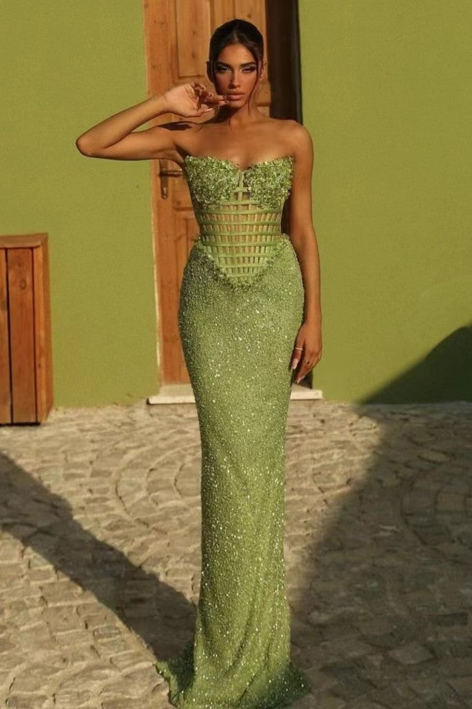 Green off-the-shoulder long Mermaid Prom Dress With Beadings