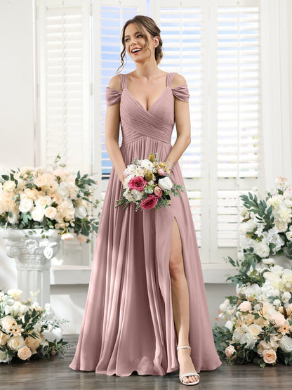 A-Line/Princess V-Neck Floor-Length Chiffon Bridesmaid Dresses with Split Side & Ruched