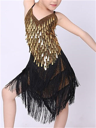 Latin Dance Dress Long Sleeve Tassel Tiered Paillette Polyester Girls' Performance Dancewear