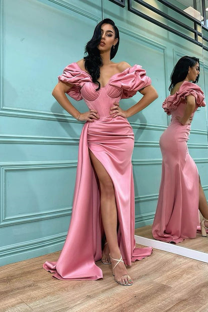 Pink Off-the-Shoulder Split Prom Dress Mermaid PD0511