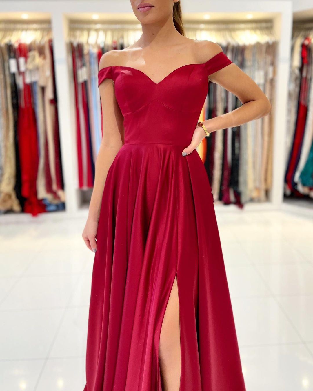 Off-the-Shoulder Burgundy Prom Dress With Slit PD0174