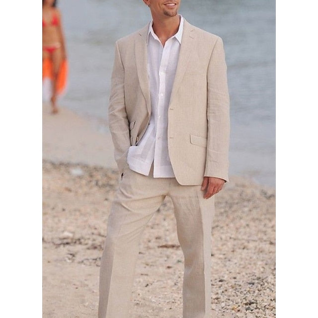 Men's Tailored Fit Single Breasted Two-buttons 2 Pieces Solid Colored Linen Suits