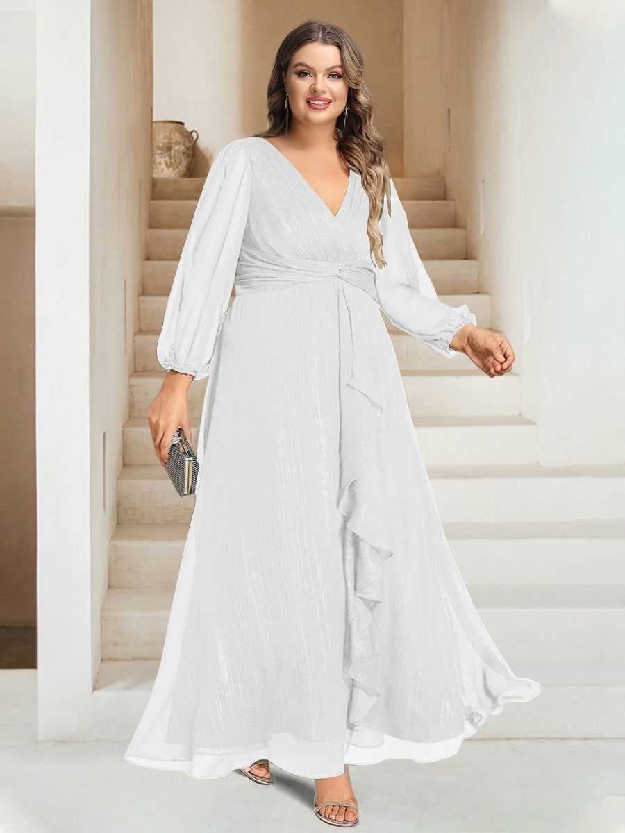 A-Line/Princess V-Neck Ankle-Length Long Sleeves Plus Size Bridesmaid Dresses