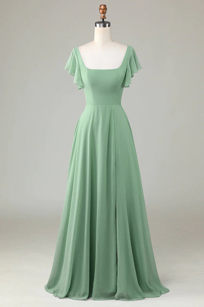 Square Neck Matcha Bridesmaid Dress with Ruffles