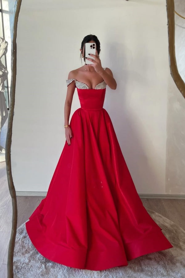 Red Formal A-Line Beaded Double Straps Prom Dress ZT0537