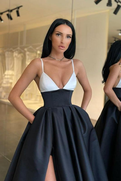 Black and White Spaghetti-Straps Prom Dress PD0116