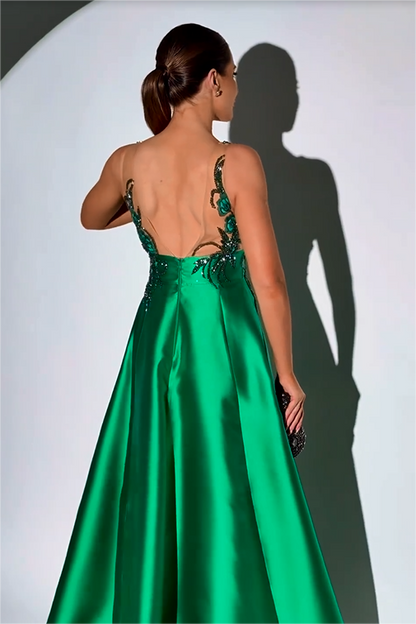 edgynewlook Glamorous Dark Green Satin Sleeveless  Spaghetti Strap Prom Dress with Beadings