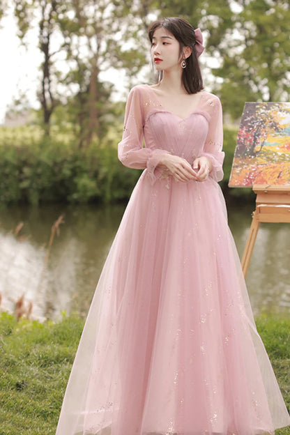 Pink Tulle Long A-Line Ball Gown Evening Gown Bridesmaid Dresses 8869