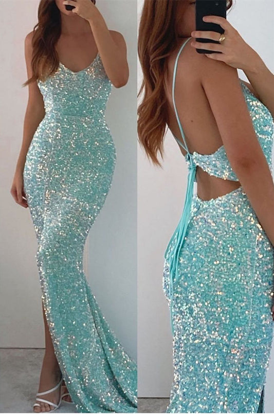 Spaghetti-Straps V-Neck Long Mermaid Prom Dress Split With Sequins PD0896