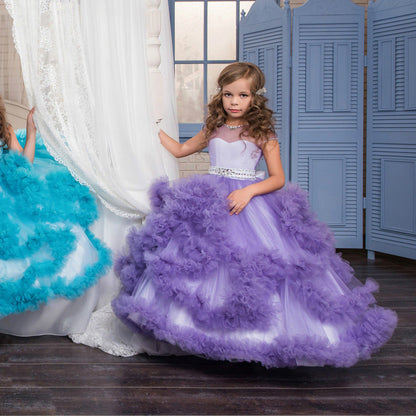 Layered Ruffle Ball Gown Flower Girl Dresses with Rhinestone