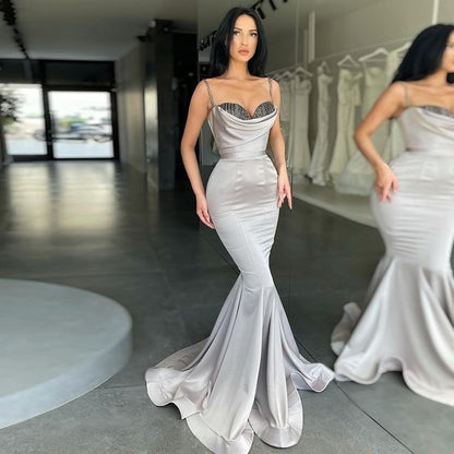 edgynewlook Spaghetti-Straps Silver Gray Mermaid Prom Dress