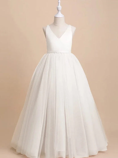 A-Line/Princess Satin Tulle  Sleeveless Floor-Length Bow(s) Flower Girl Dresses